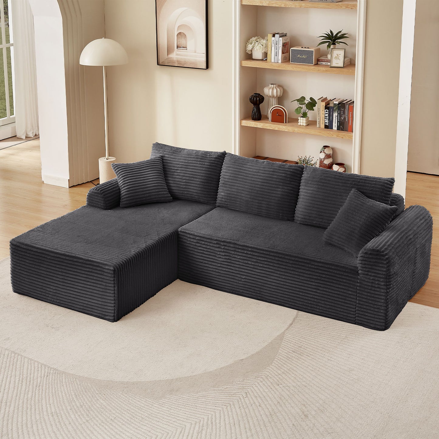Modular Corduroy Sectional With Arched Armrests, Includes 3 Back Cushions & 2 Throw Pillows
