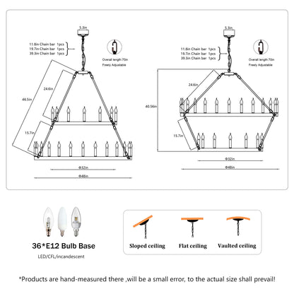 2 Tiers Wagon Wheel Chandelier Wooden Farmhouse 36 Light (24 / 12) Or (12 / 24) Metal Chandeliers 2 Story Light Fixtures Industrial For High Ceiling Living Dining Room Foyer, Adjustable Height - Black