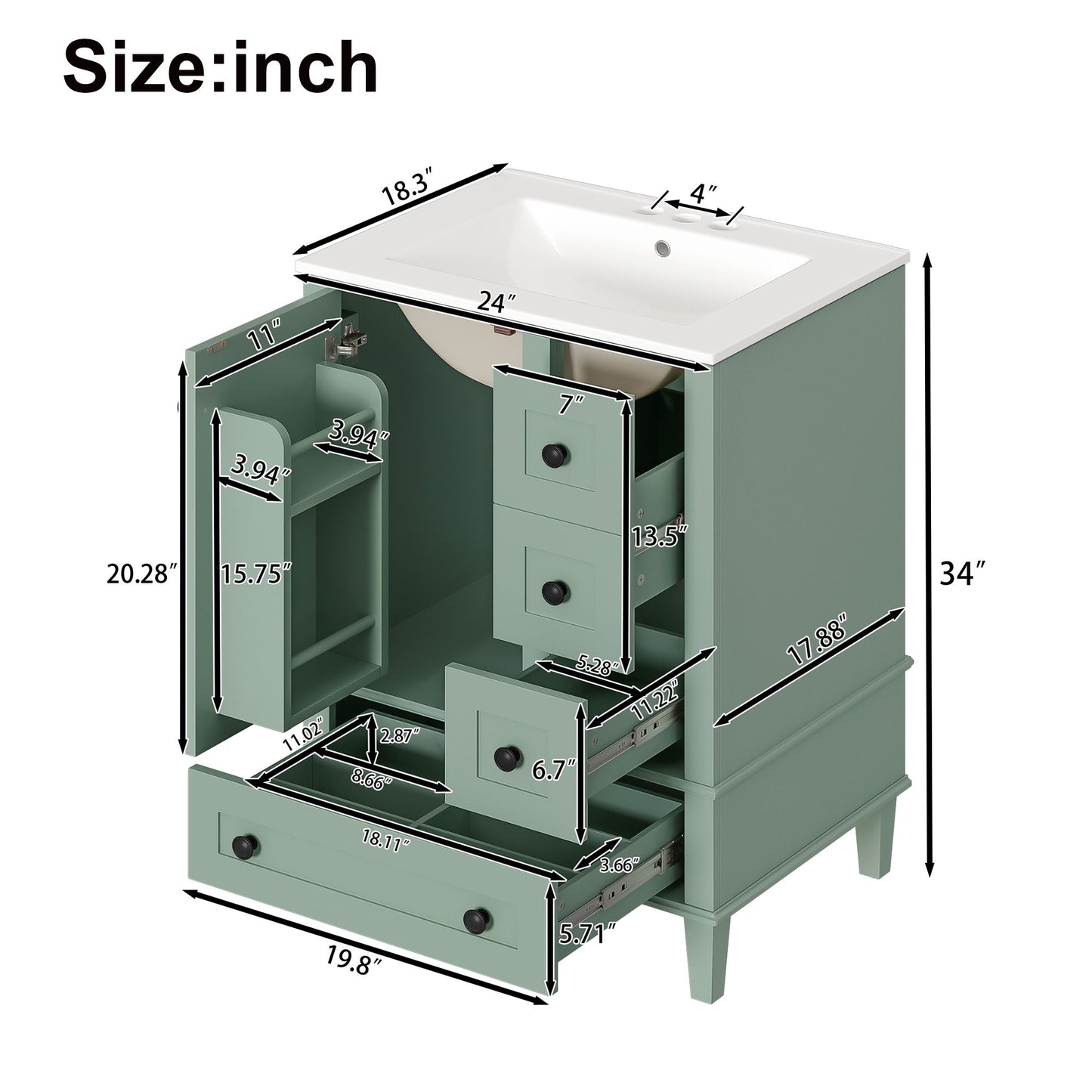 Bathroom Vanity With Integrated Basin, Soft Close Drawers, Door Mounted Double Layer Shelf