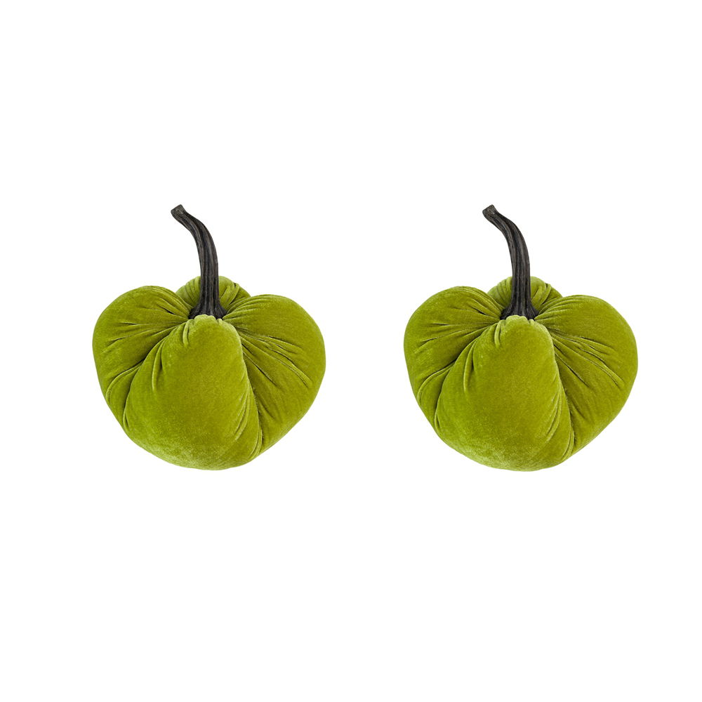 Velvet Weighted Pumpkin With Resin Stem Apple, Pumpkin Ornament Decor For Holiday Harvest Festival Fall Festival & Thanksgiving (Set of 2) - Green