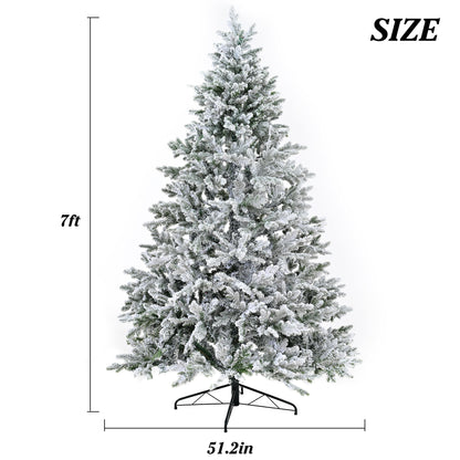 7Ft Snow Flocked Hinged Artificial Christmas Tree With Fluffy Branches And Snow Tips - White
