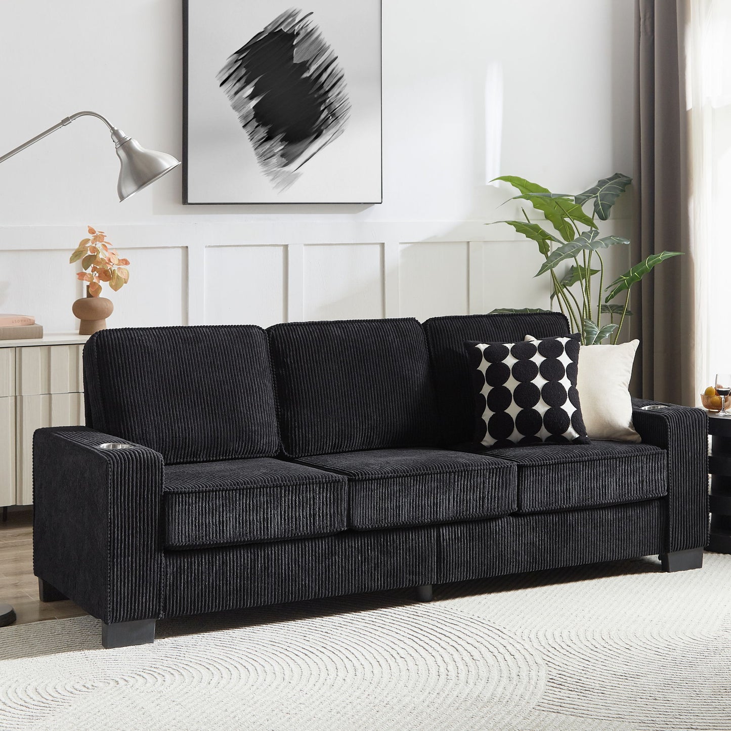 Modern Corduroy Fabric Sofa, 3 Seater Compressed Couch With Cup Holders