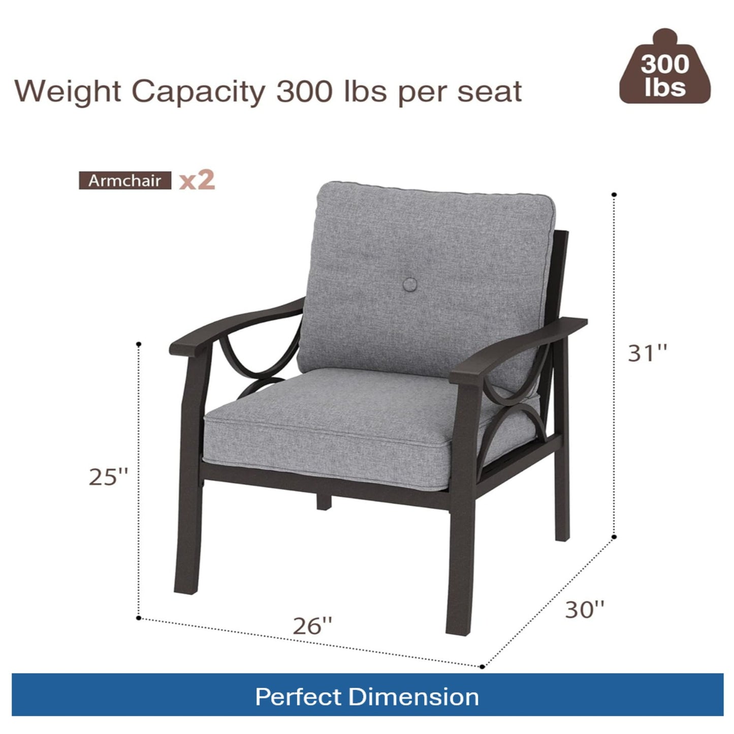 All Weather Armchairs With Cushions, Sculptural Design (Set of 2) - Gray / Khaki