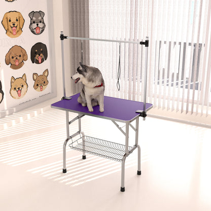 Folding Dog Pet Grooming Table Stainless Steel Frame Rubber Mat On Board With Adjustable Arm And Clamps Pet Dog Cat Grooming Table