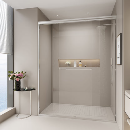 Double Sliding Shower Door, Semi-Frameless Bypass Bathroom Sliding Door With 1/4" (6 Mm) Tempered Glass For Walk-In Shower