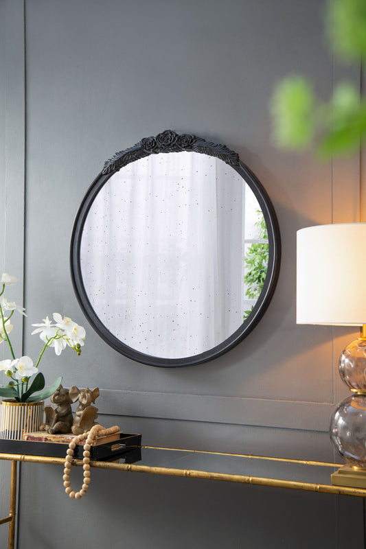 Round Hand Carved Rose Antique Mirror Frame, Wall Mirror For Live Space