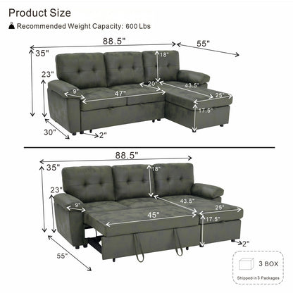 Convertible Sectional Sofa Bed With Pull Out Sleeper And Storage