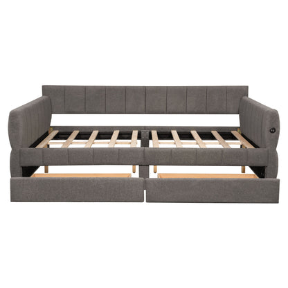 Upholstered Platform Bed With USB And 2 Drawers