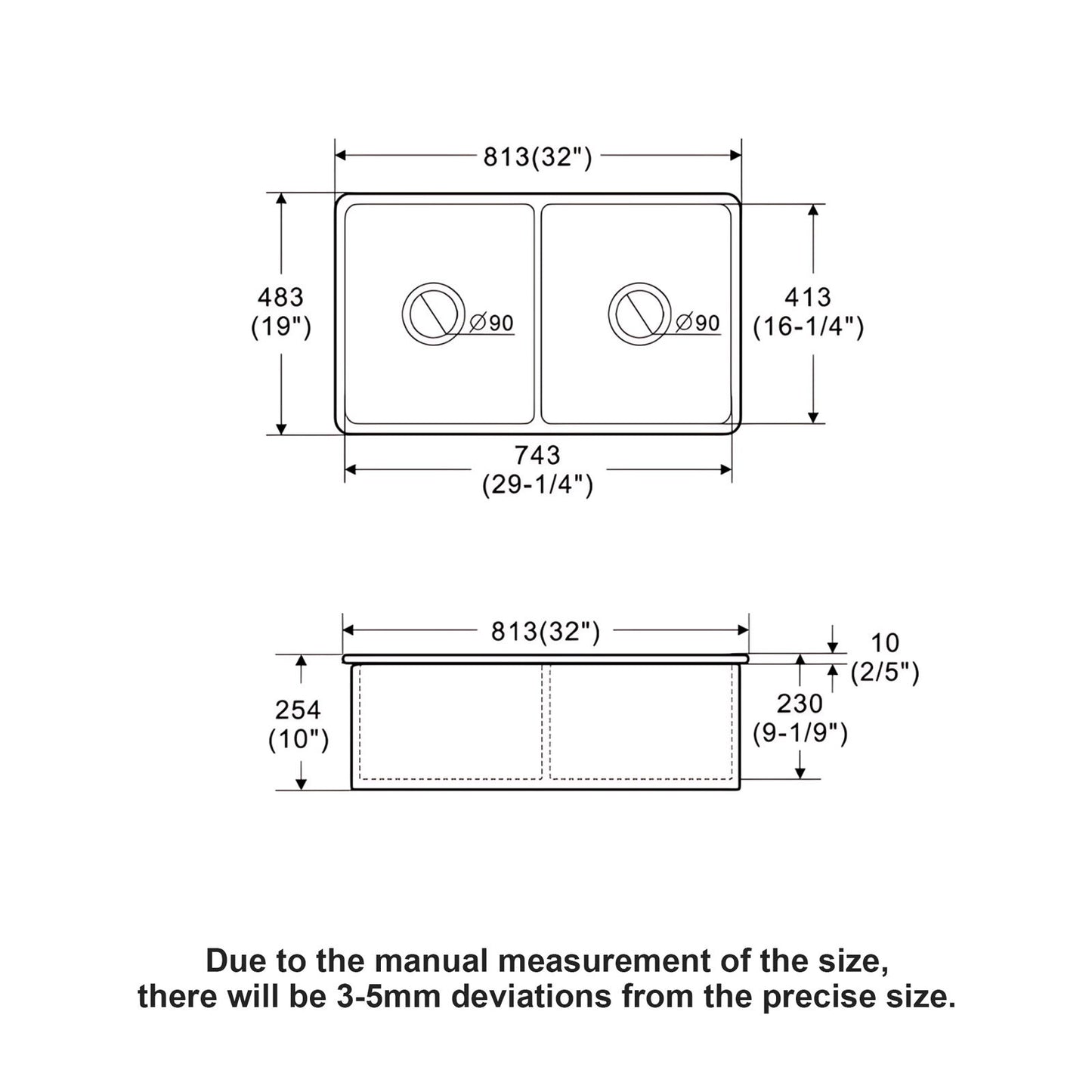 32" Undermount Double Bowl Kitchen Sink Rectangular Deep Dual Bas With Grids - White