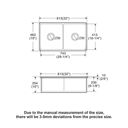 32" Undermount Double Bowl Kitchen Sink Rectangular Deep Dual Bas With Grids - White