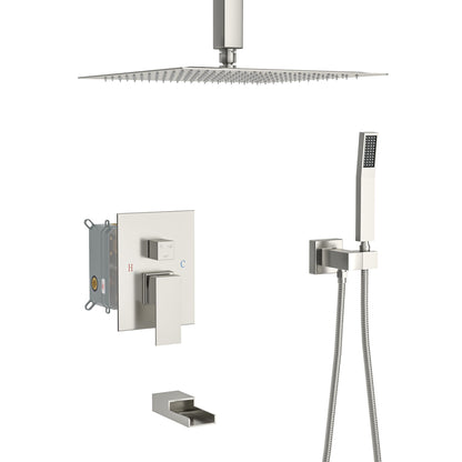 Modern Shower System With Waterfall Tub Spout, 12" Ceiling Mount Square Shower