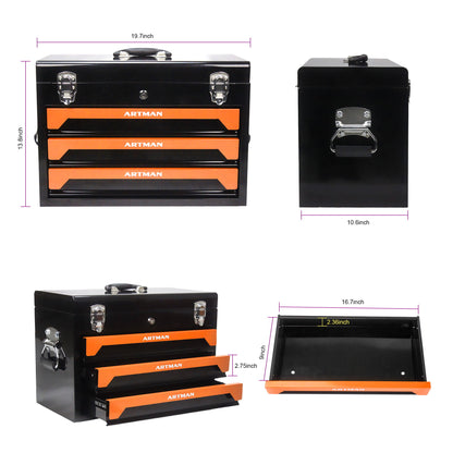 Portable 3 Drawer Steel Toolbox, 4 Layers Of Tools With Metal Latches, With Storage Tray And Carrying Handle