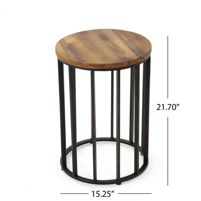 Outdoor Cylindrical Side Table With Round Solid Wood Top And Metal Frame - Natural