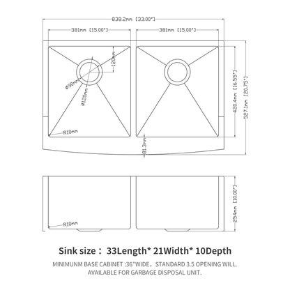 Double Bowl Farmhouse Sink, Stainless Steel Apron Front Kitchen Sink 16 Gauge - Brushed Nickel