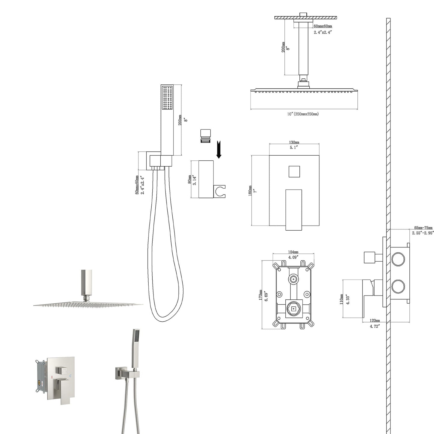 Dual Shower Head System With Ceiling Mount And Rough In Valve