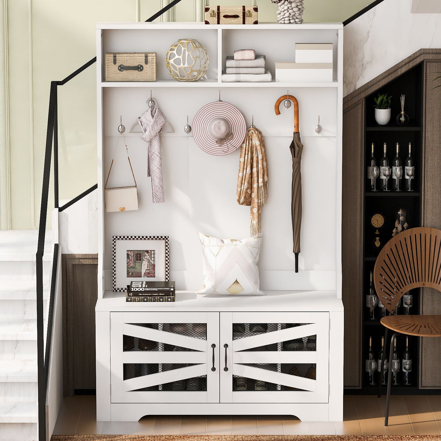 Entryway Bench With Coat Rack, 3 In 1 Design And Adjustable Shelves