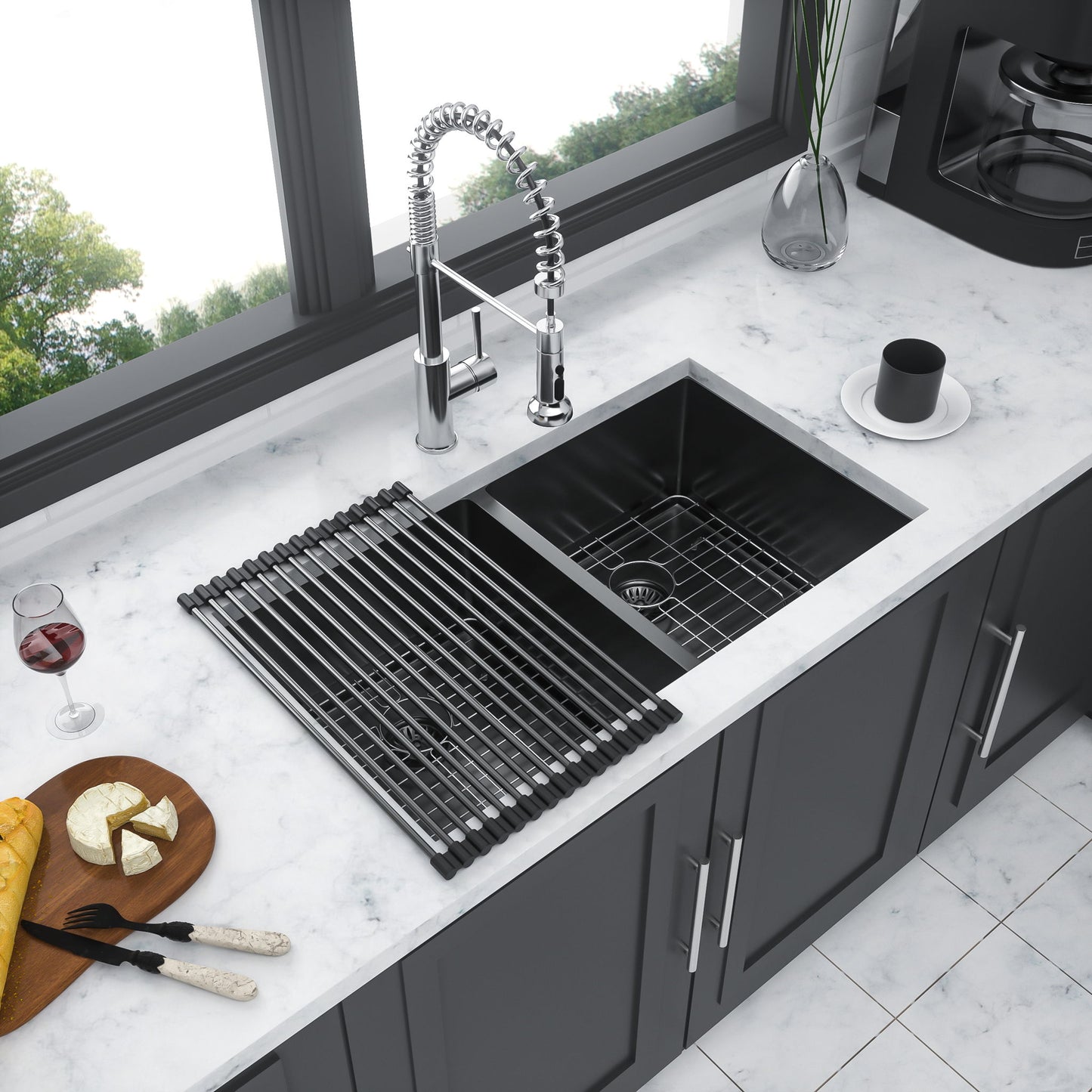 Double Bowl Undermount Kitchen Sink 16 Gauge 33" X 19" With Dual 10" Deep Basins - Gunmetal Black