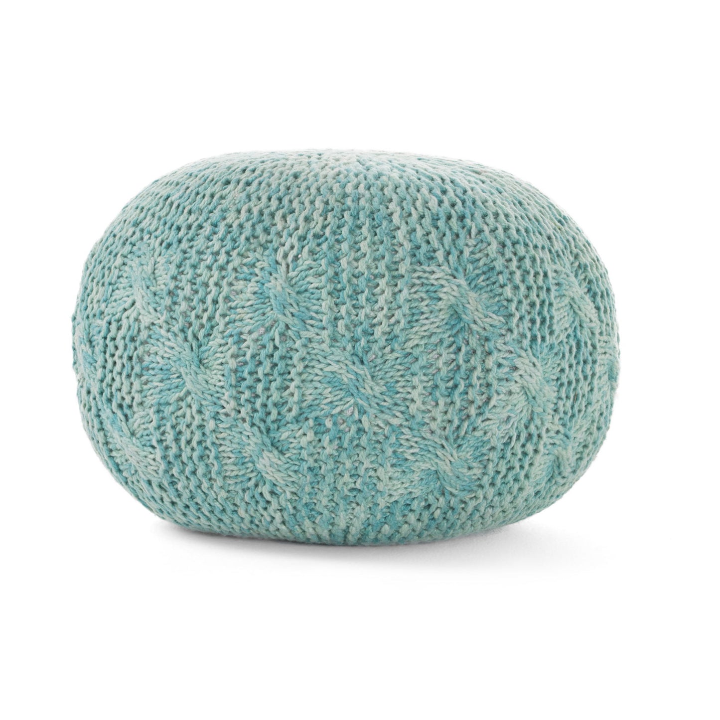 Deon - Knitted Pet Yarn Round Pouf With Classic Cable Knit Design - Aqua