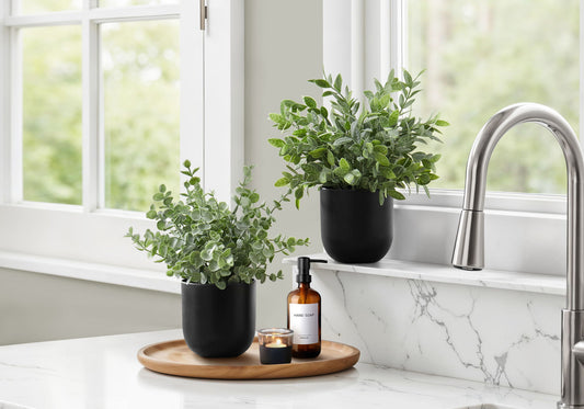 11" Tall, Artificial Plant, Eucalyptus Grass, Indoor, Faux, Fake, Table, Greenery, Potted, Decorative (Set of 2) - Green / Black