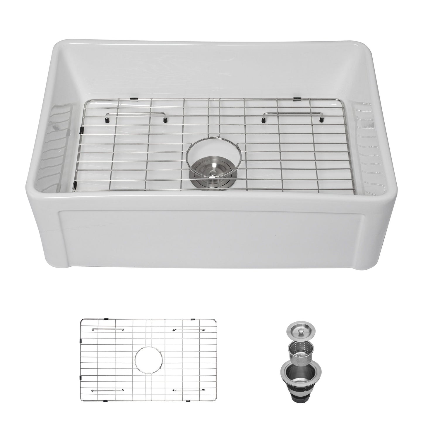 Sink 30" Apron Front Reversible Single Bowl Kitchen Sink & Grid And Strainer - White