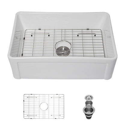 Sink 30" Apron Front Reversible Single Bowl Kitchen Sink & Grid And Strainer - White