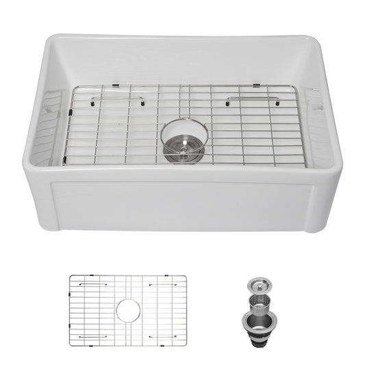 Sink 30" Apron Front Reversible Single Bowl Kitchen Sink & Grid And Strainer - White