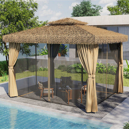 Outdoor Patio Gazebo With Double Canopy, Mosquito Net & Privacy Curtain - Brown