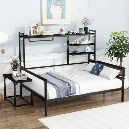 Daybed With Movable Desk, Grid, Shelves And Clothes Hanger