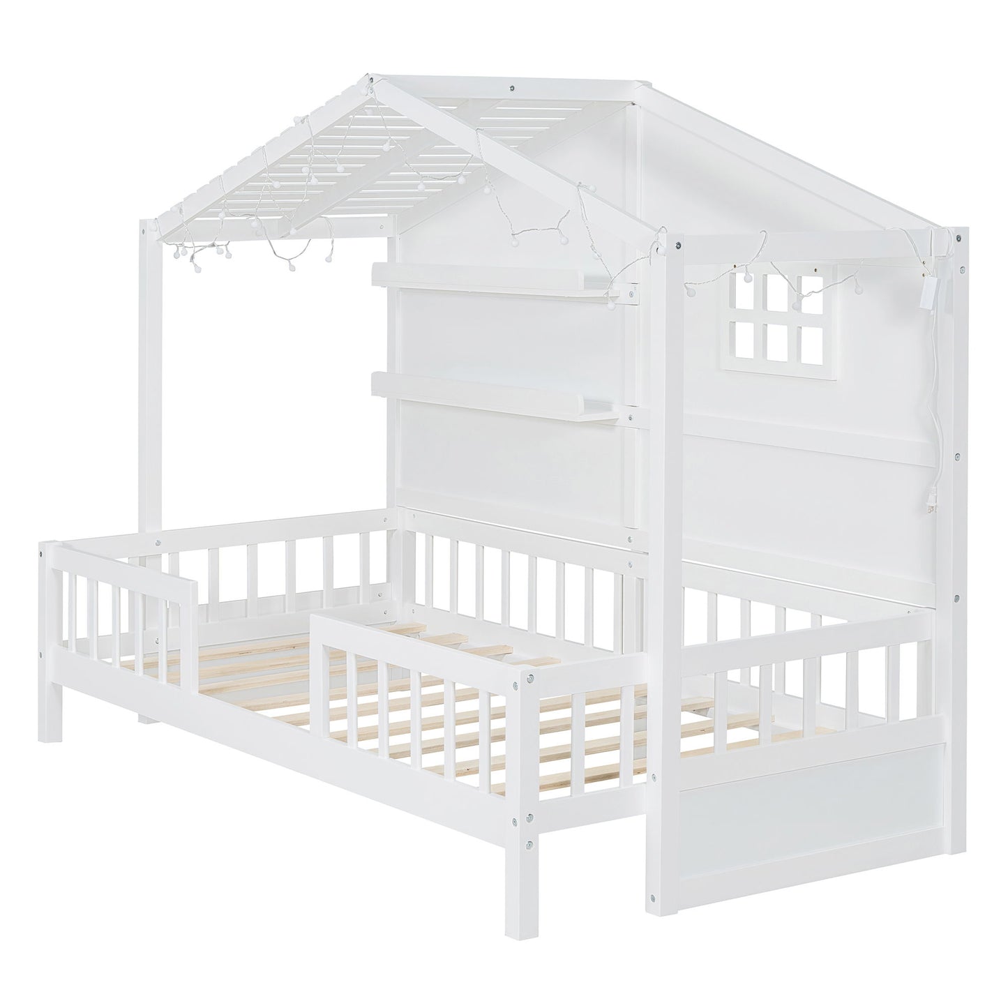 House Bed With Shelves, Window And Sparkling Light Strip On The Roof