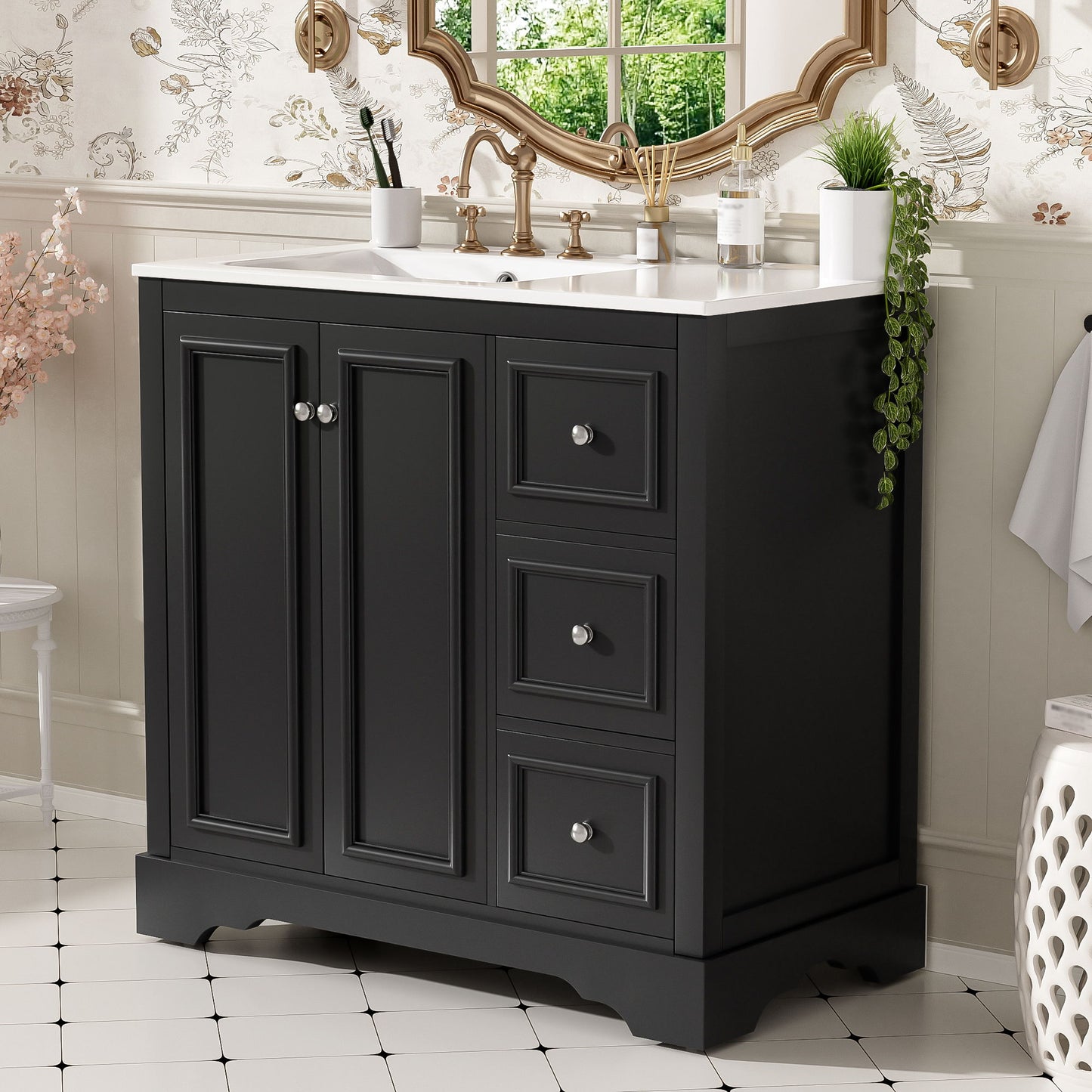 Bathroom Vanity With Sink, Soft-Close Doors, Adjustable U-Shelf, 3 Drawers