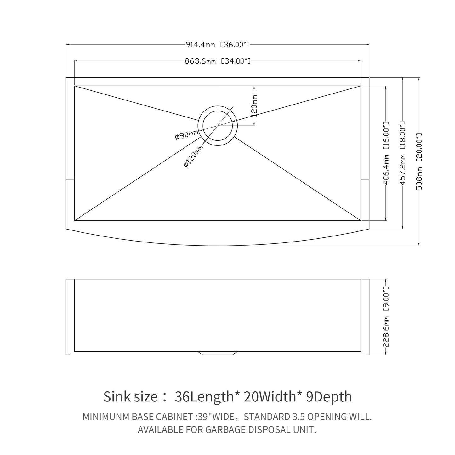 Farmhouse 36" Kitchen Sink Stainless Steel Apron Front - Brushed Nickel
