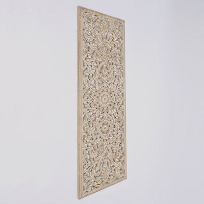 Floral Hand Carved Mandala Rectangle Wall Decor With Mirror - Antique Brown / White