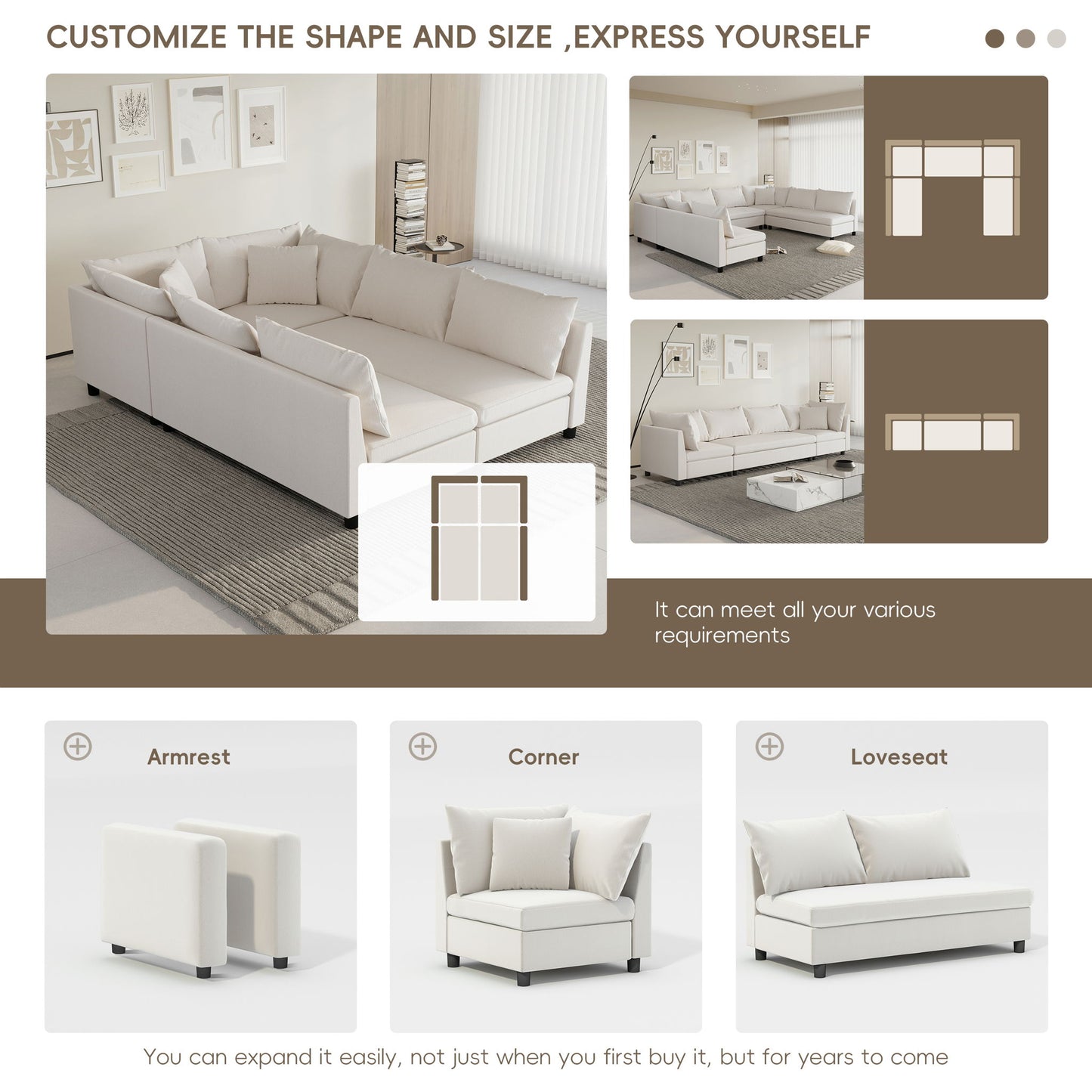 Modular Sectional Bed Couch Set With Pillows Free Combination, Minimalist Style Oversized 6 Seat Convertible Sofa