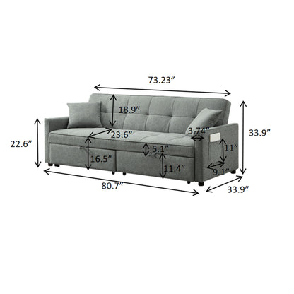 3 In 1 Convertible Sleeper Sofa Bed, Reclining Backrest, Pillows, Pockets