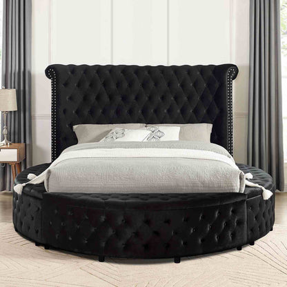 Glam Button Tufted Wingback Round Bed With Storage And USB Ports