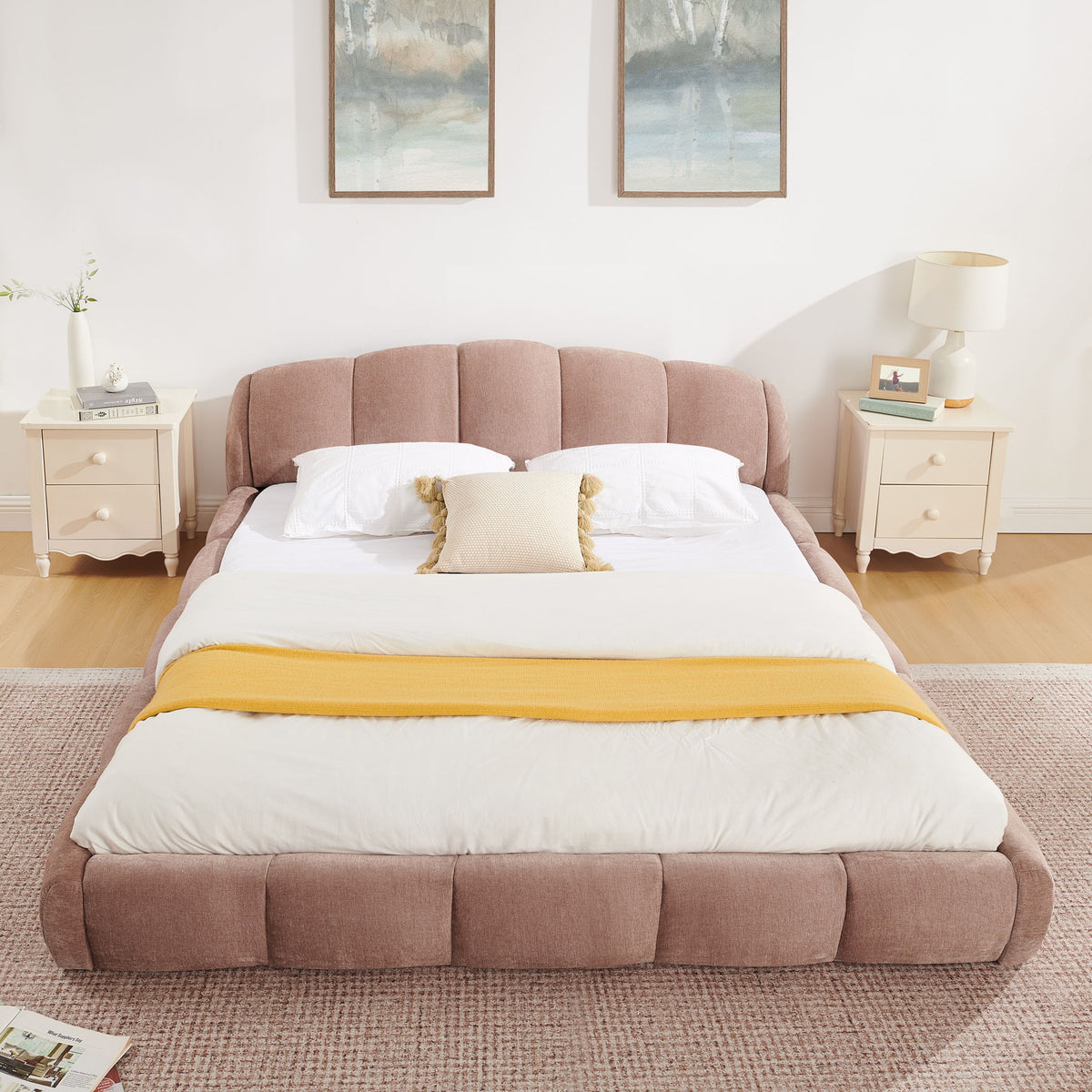 Upholstered Platform Bed Frame, Low Profile Floor Bed, No Box Spring Required