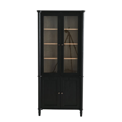 Vintage Display Cabinet With Double Glass Doors, Traditional Style For Collectibles, Ash Wood Veneer, 73.25" Tall - Black / Natural