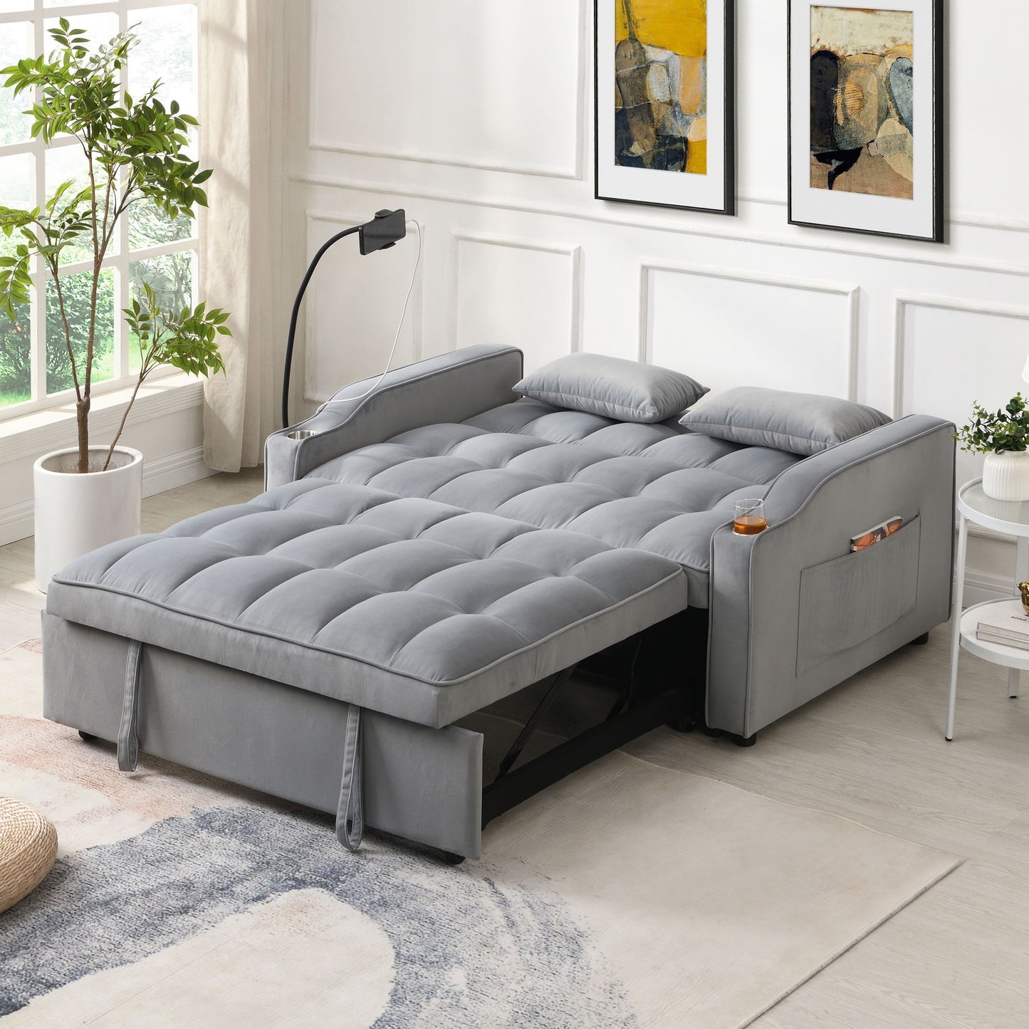 Modern Velvet Loveseat With Pullout Bed, Adjustable Reclining Backrest