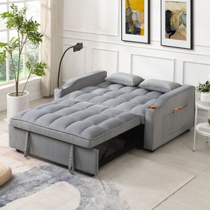 Modern Velvet Loveseat With Pullout Bed, Adjustable Reclining Backrest