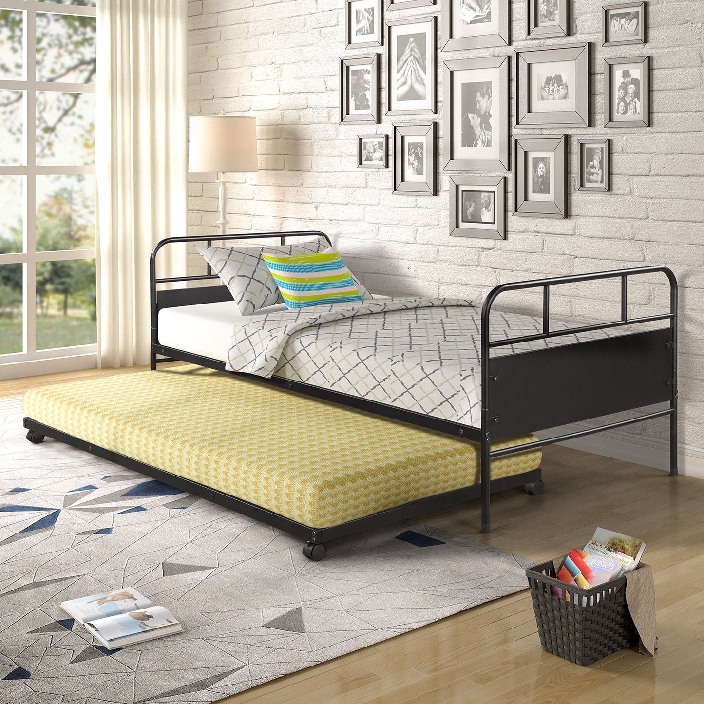 Twin Size Daybed Platform Bed Frame With Trundle Built In Casters - Black