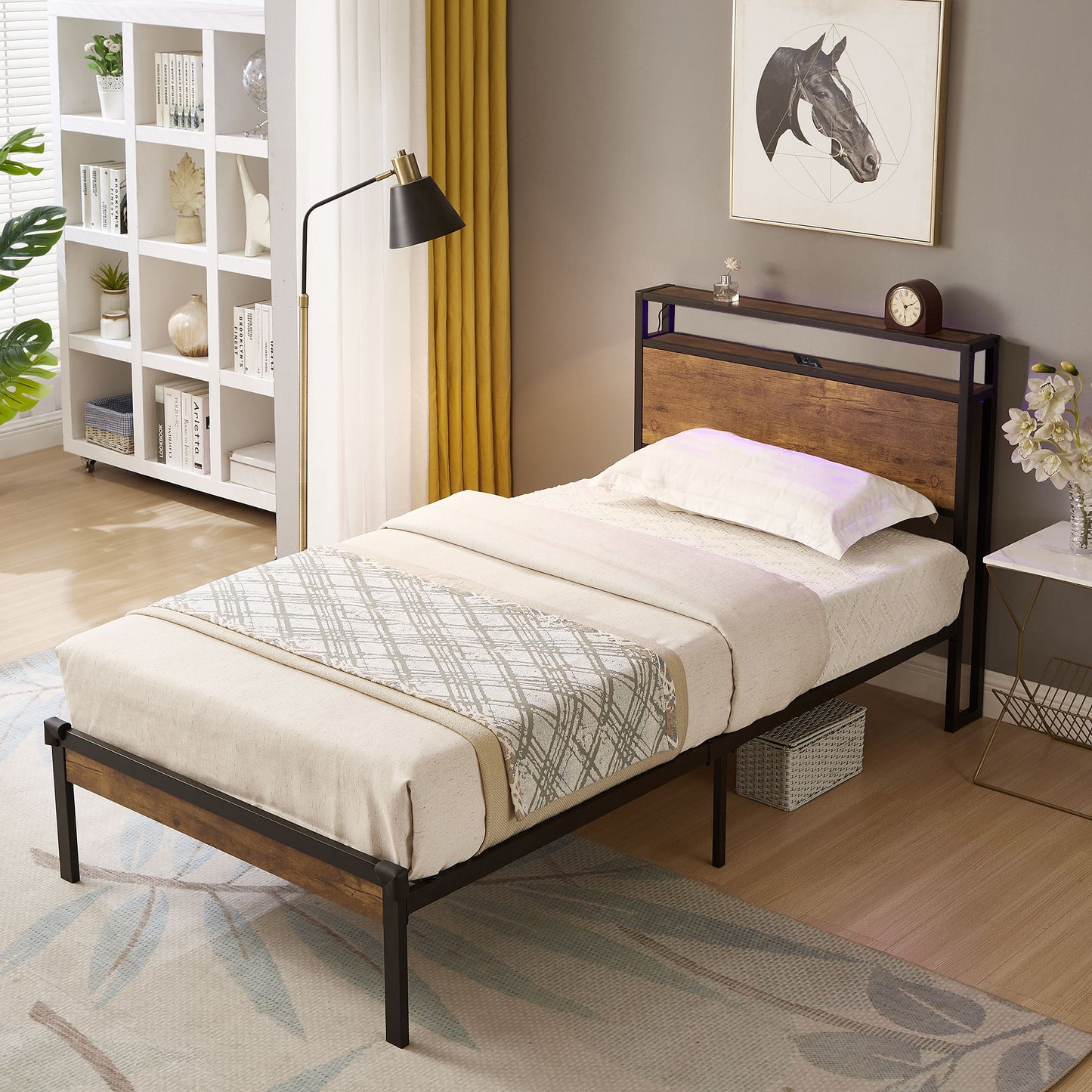 Platform Bed Frame With Wooden Headboard And Footboard, USB Liner