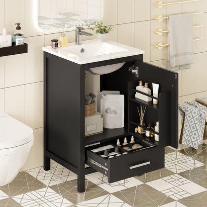 Bathroom Vanity With Ceramic Sink, Soft Close Drawers, Door Organizer, Divider Drawer, Adjustable Foot Pads
