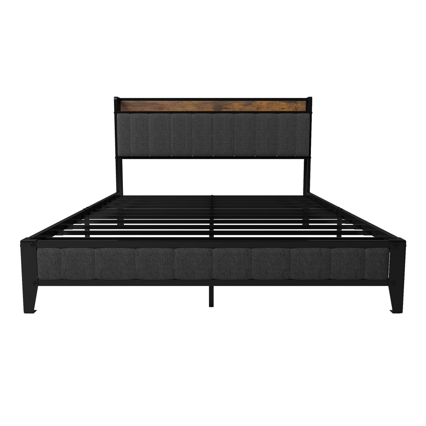 Bed With Charging Station, American Design Upholstered Headboard, Metal Platform