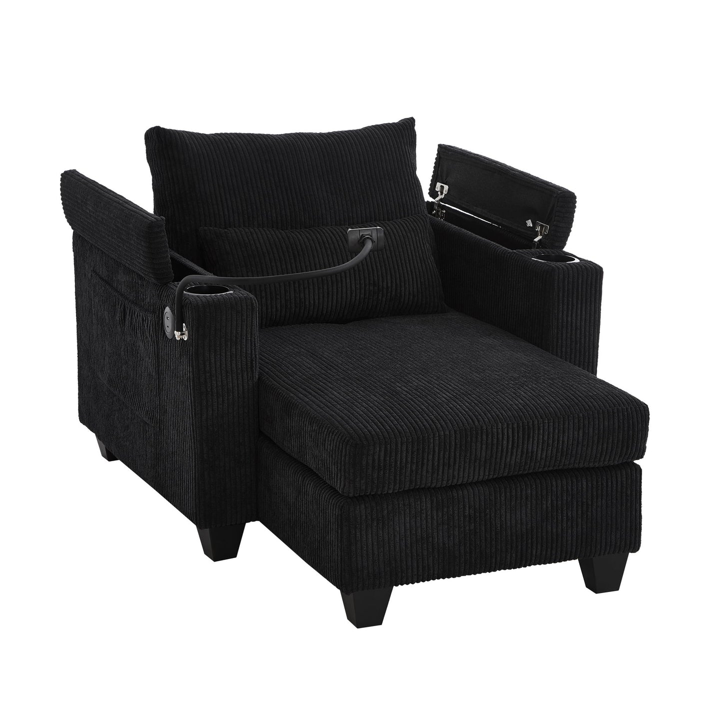 Convertible Chaise Lounge Sofa Chair With USB Ports, Cup Holders, Phone Holder And Storage