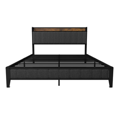 Bed With Charging Station, American Design Upholstered Headboard, Metal Platform