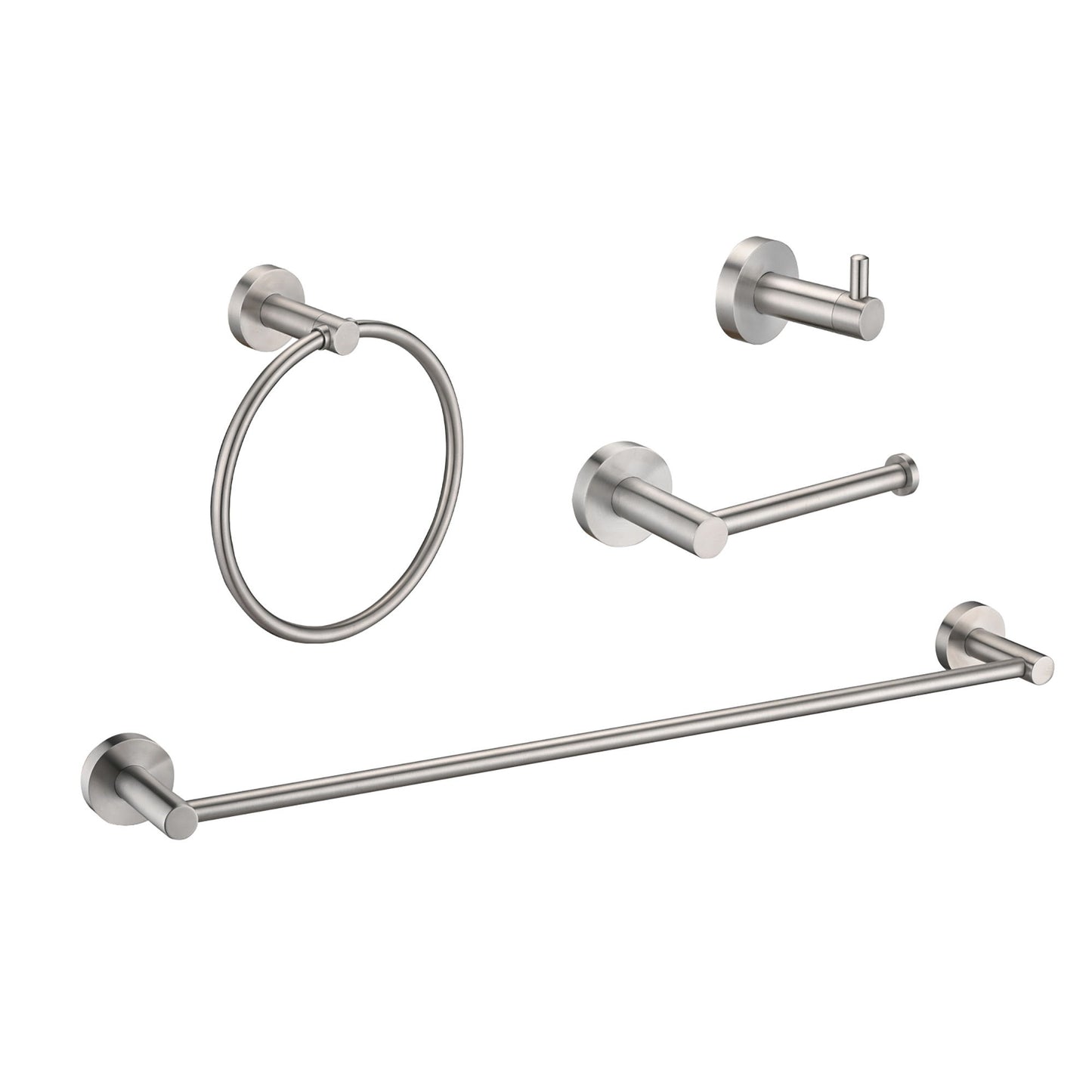 Bathroom Set 4 Pack With Towel Bar Racks, Toilet Paper Holder, Ring, Hook, Stainless Steel - Brushed Nickel