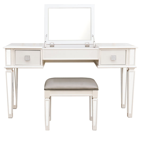 Mirrored Vanity Desk With Drawers And Stool, Flip Up Dressing Table Set For Makeup Room