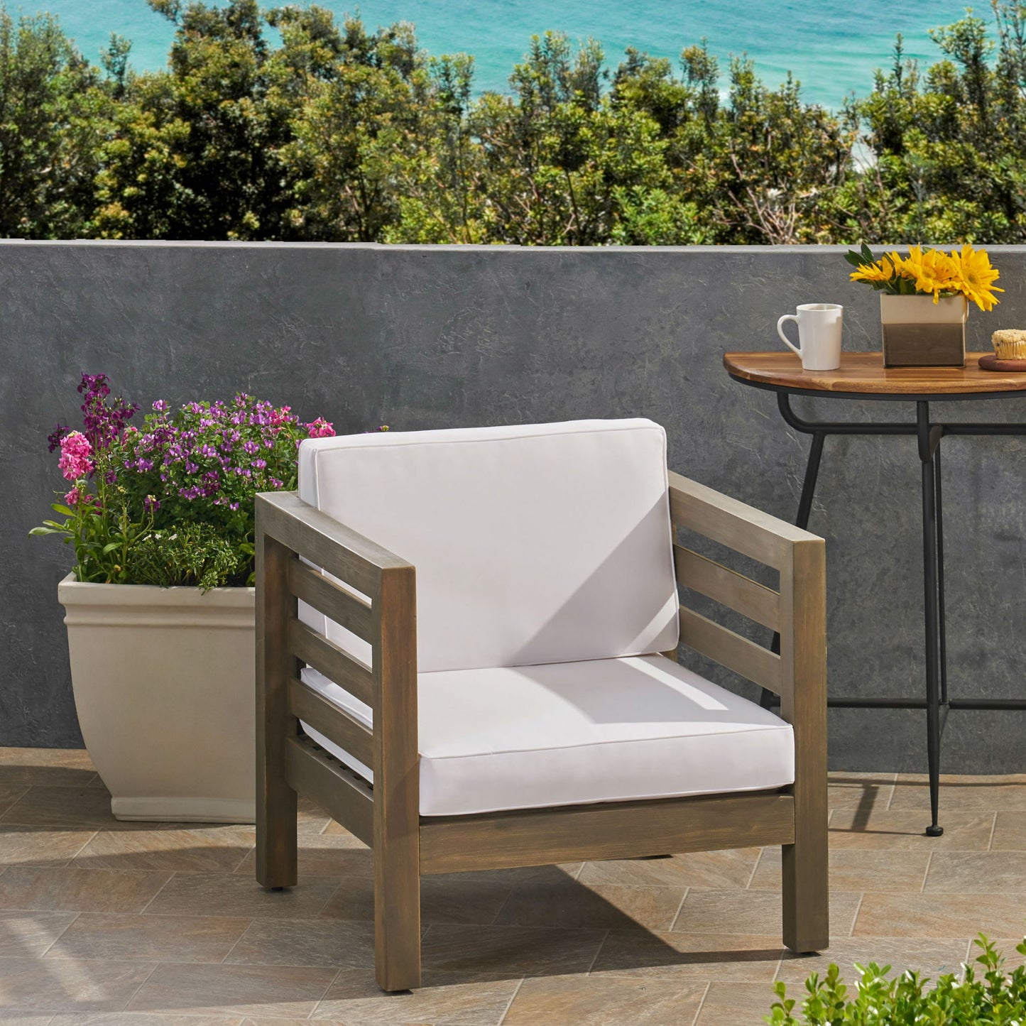 Outdoor Acacia Wood Patio Chair With Fabric Cushion