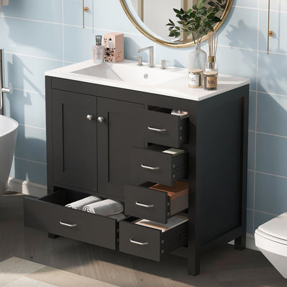 Bathroom Vanity With Ceramic Sink Combo, Abundant Storage Cabinet 2 Soft Close Doors And 5 Drawers