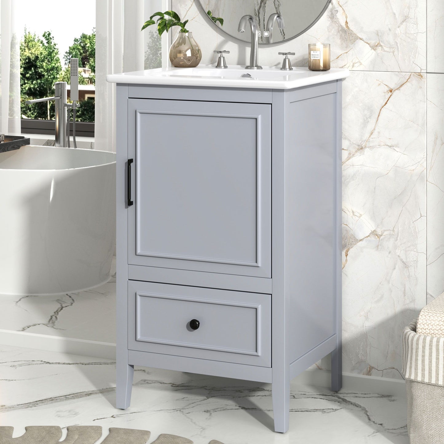 20" Bathroom Vanity With Sink, Bathroom Cabinet With A Door, Door Shelf Storage And Adiustable Foot Pads, A Drawer - Gray